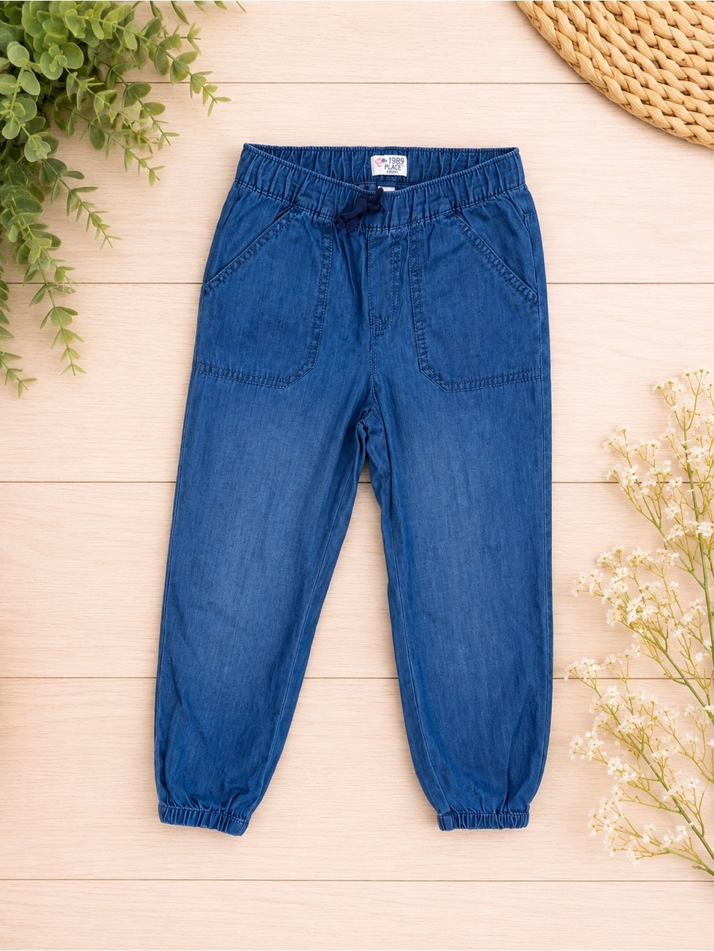 New 1989 Place Girls Blue Elastic-Waist Denim Joggers Size 5